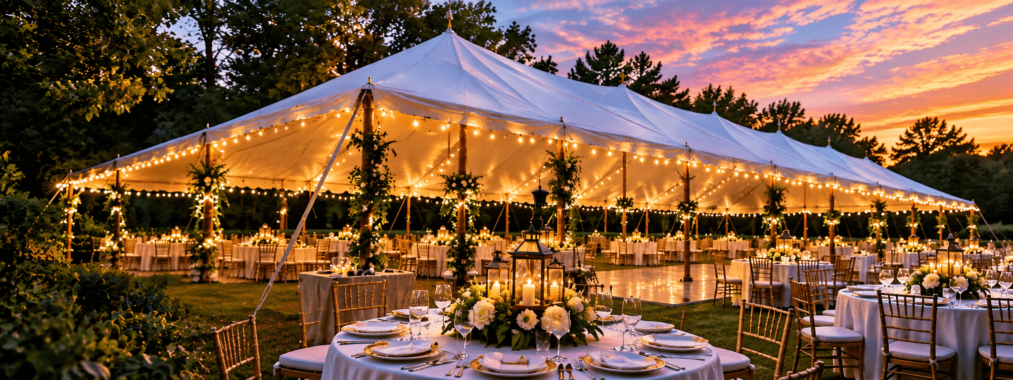 Elegant outdoor wedding reception tent set up by Friendly Party Rental with string lighting, round tables, and a dance floor at sunset