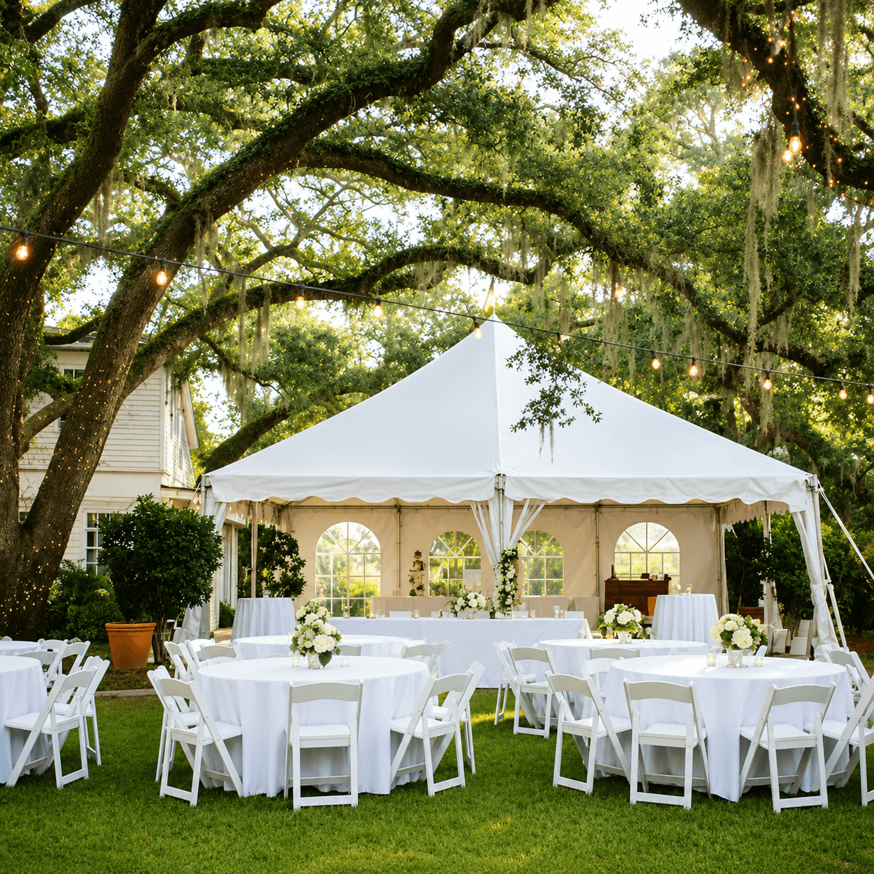 Outdoor tent with tables and chairs