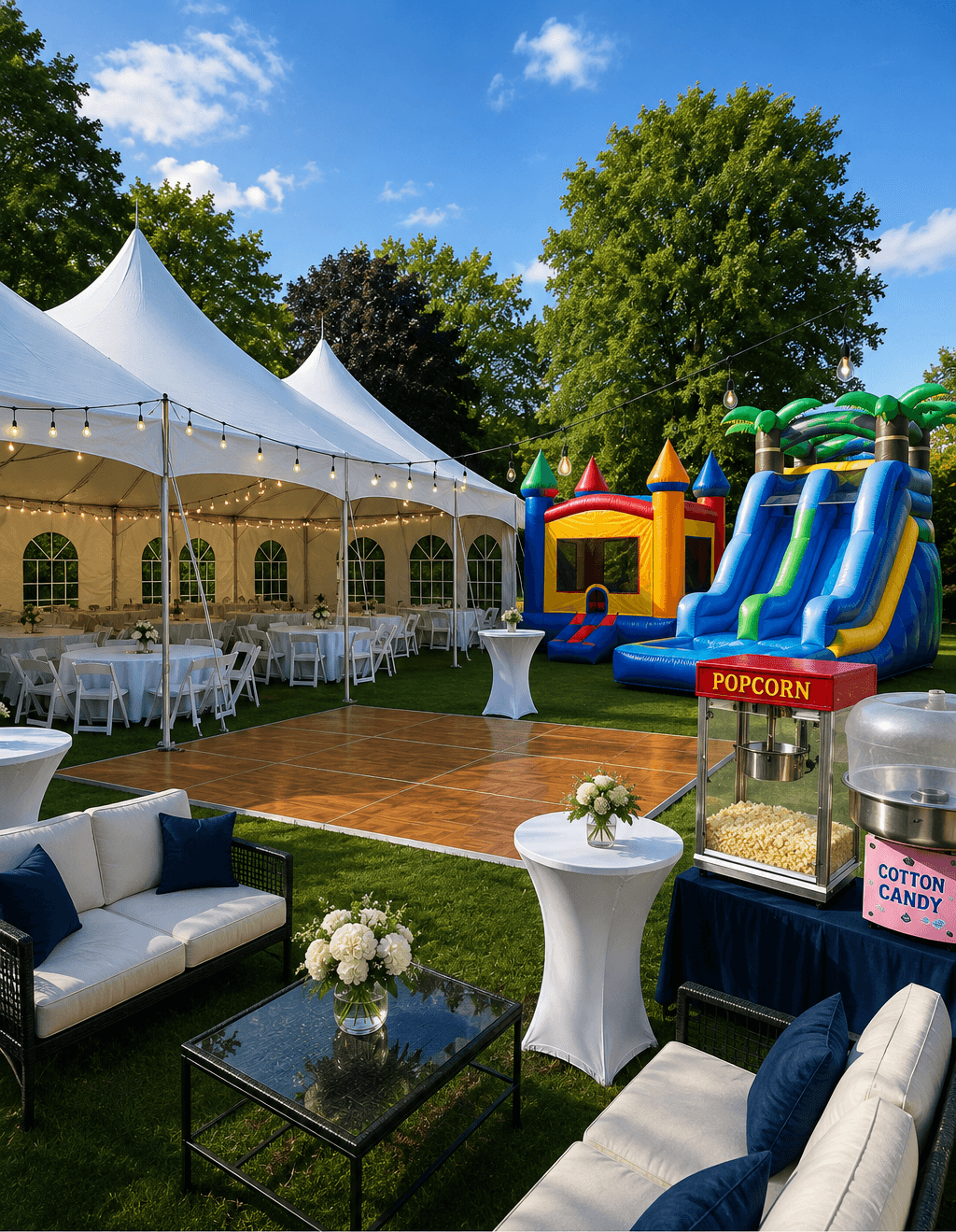 Friendly Party Rental event setup with tent, tables, and inflatables